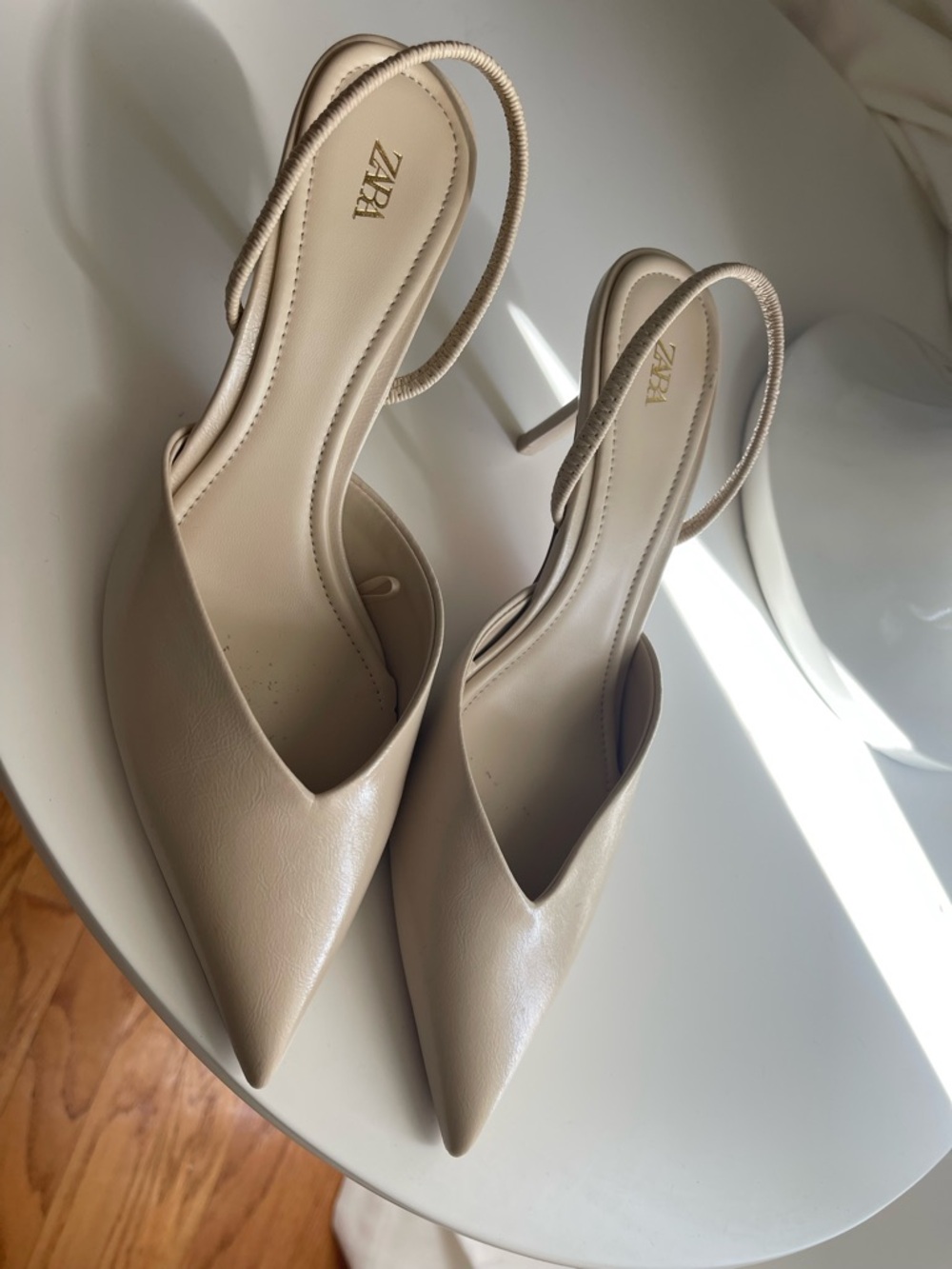 Zara Beige Pointed Toe Slingback Heels